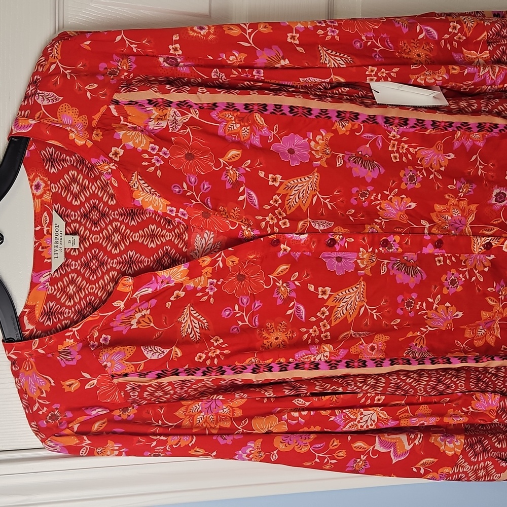 Liverpool 3/4 Balloon Sleeve‎ Button Front V-Neck Blouse: Red/Orange Floral: 2X